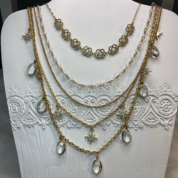 Saks 5th Gold 5 Chain Layered Pave Necklace NWT - Picture 10 of 12